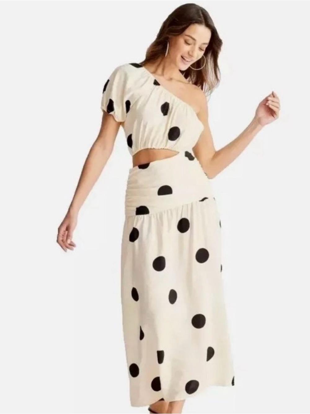 Future Collective One-Shoulder Cream Polka Dot Cutout Dress